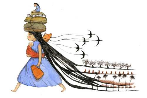 Drawing of a woman carrying her baby in a sling and holding a jug. On her head she is carrying sacks of food and smaller houses with a child sitting on top symbolising an economy. Her hair streams out as a flock of birds and cultivation fields 