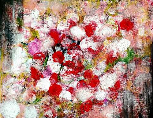 Blotches of red and whie paint mimicking flowers.
