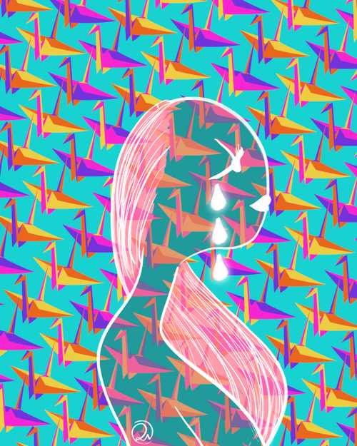 Transparent outline of a woman with white lips and bright white tears streaming down her face against an aqua coloured background patterned with multicoloured origami crane birds.