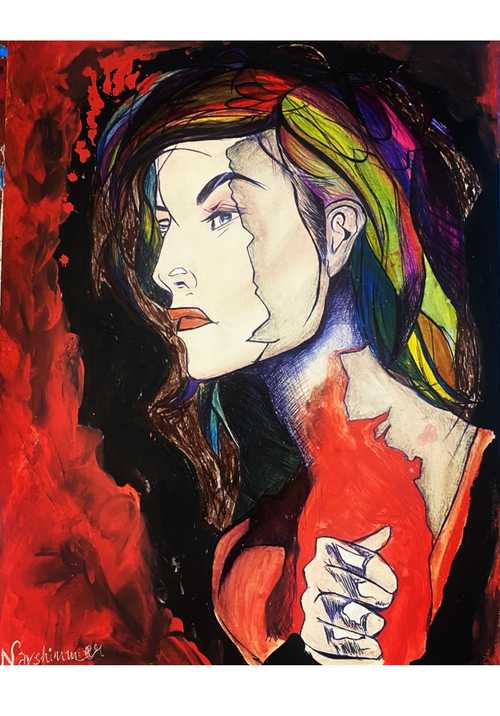 Side profile of a woman painted in different layers on a black and red background representing the layers of anxiety.