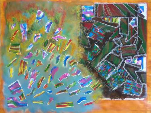Abstract painting resembling cut outs of vivid coloured papers (blue, purple, red, yellow, and green) scattered across the lower left side of the canvas and patches with darker shades are stitched together on the upper right corner.