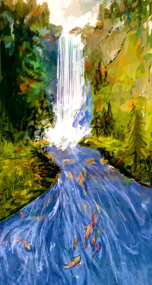 Oil painting of a waterfall with ascending koi fish.