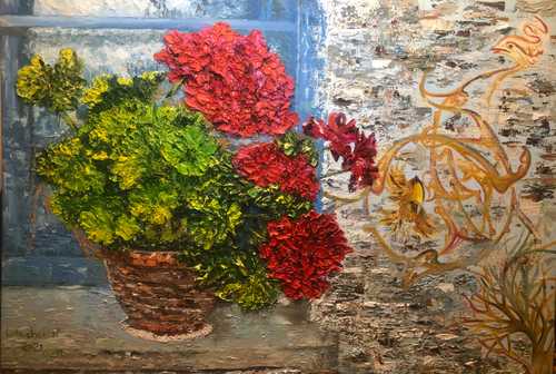 Textured still life painting of a bouquet of red flowers next to old chipped wall art.